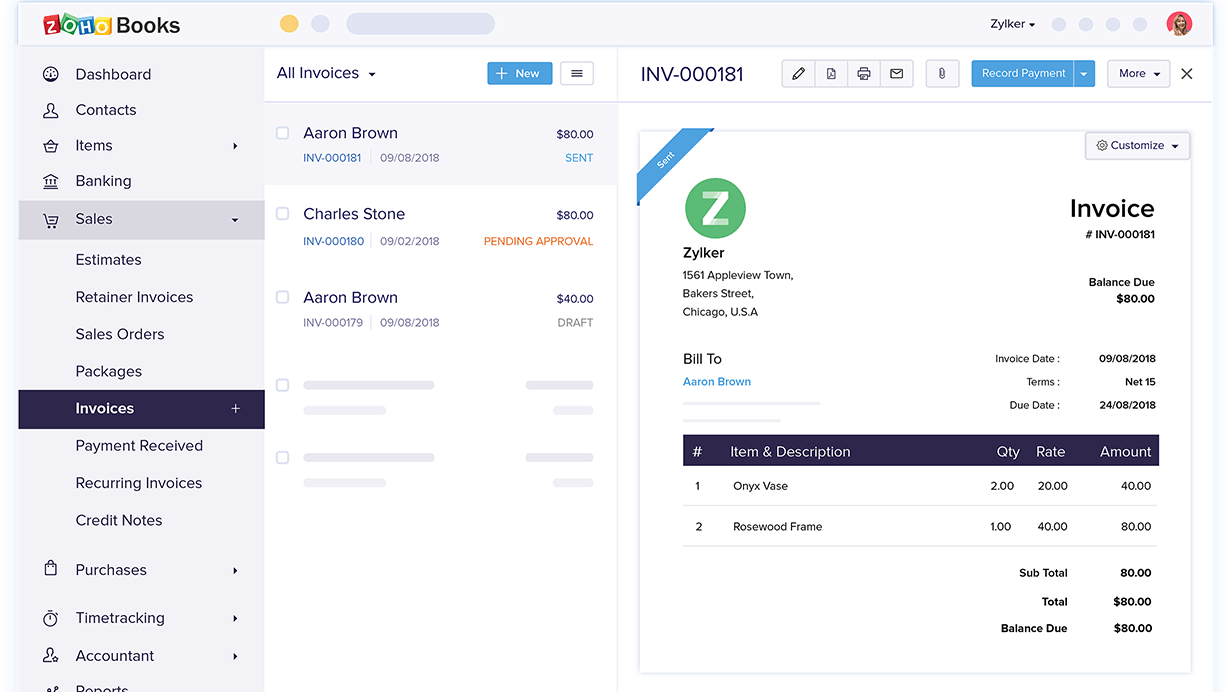 zoho books send professional invoices123